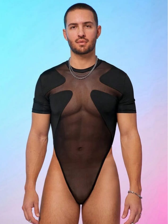 Men's Mesh Patchwork Short Sleeve Bodysuit